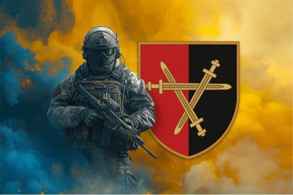 Прапор 32 окремої механізованої бригади (32 ОМБр) ЗСУ Воїн з гербом підрозділу