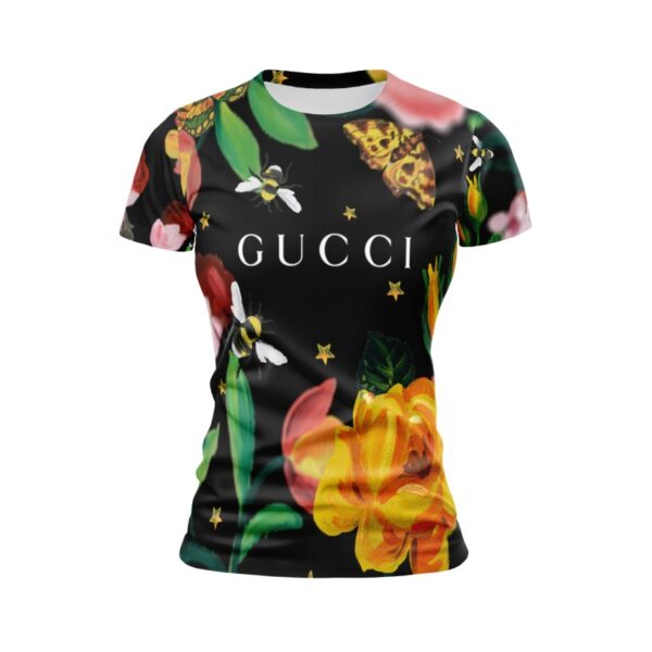 Футболка женская спортивная с принтом «Гуччи. Лого с цветами. Gucci. Logo with flowers»