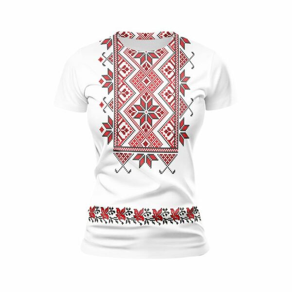 Футболка женская спортивная с принтом «Цветочная вышиванка. Белая. Floral embroidery. White»