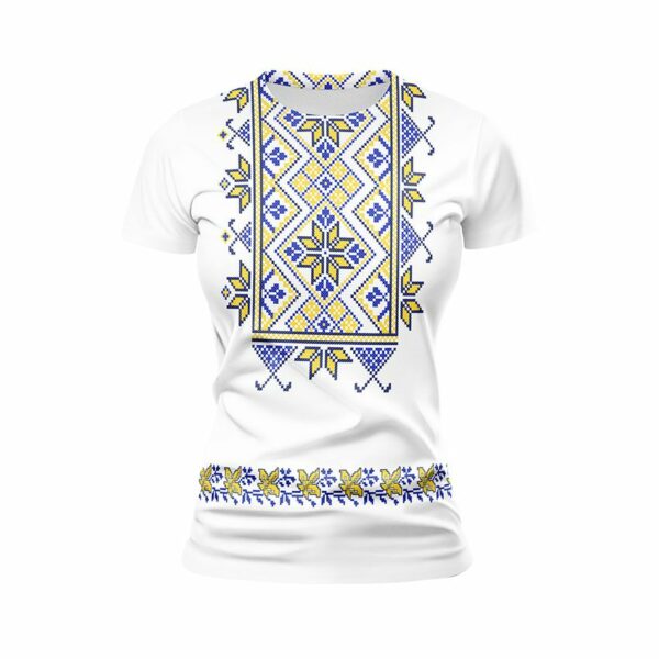 Футболка женская спортивная с принтом «Цветочная вышиванка. Белая. Floral embroidery. White»