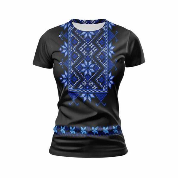 Футболка жіноча спортивна з принтом «Квіткова вишиванка. Чорна. Floral embroidery. Black»