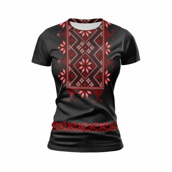 Футболка жіноча спортивна з принтом «Квіткова вишиванка. Чорна. Floral embroidery. Black»