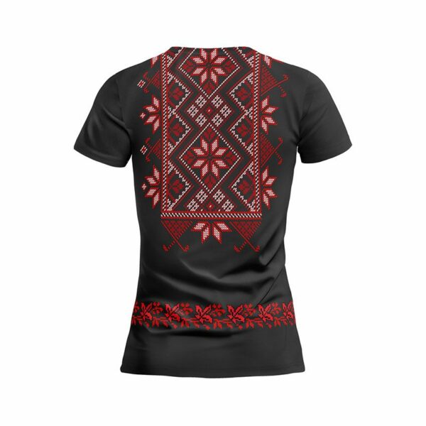 Футболка жіноча спортивна з принтом «Квіткова вишиванка. Чорна. Floral embroidery. Black»
