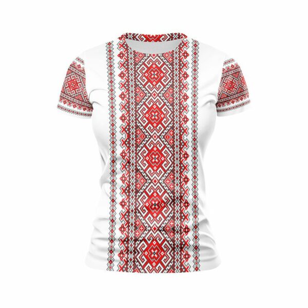 Футболка жіноча спортивна з принтом «Традиційна вишиванка. Біла. Traditional embroidery. White»