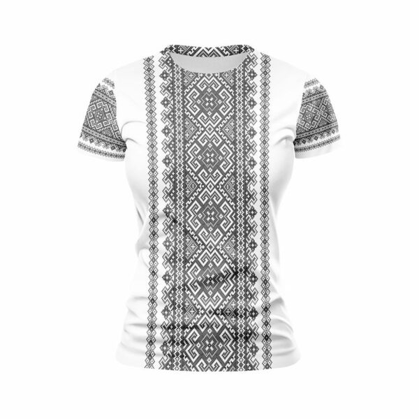 Футболка жіноча спортивна з принтом «Традиційна вишиванка. Біла. Traditional embroidery. White»