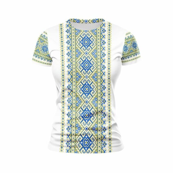Футболка жіноча спортивна з принтом «Традиційна вишиванка. Біла. Traditional embroidery. White»