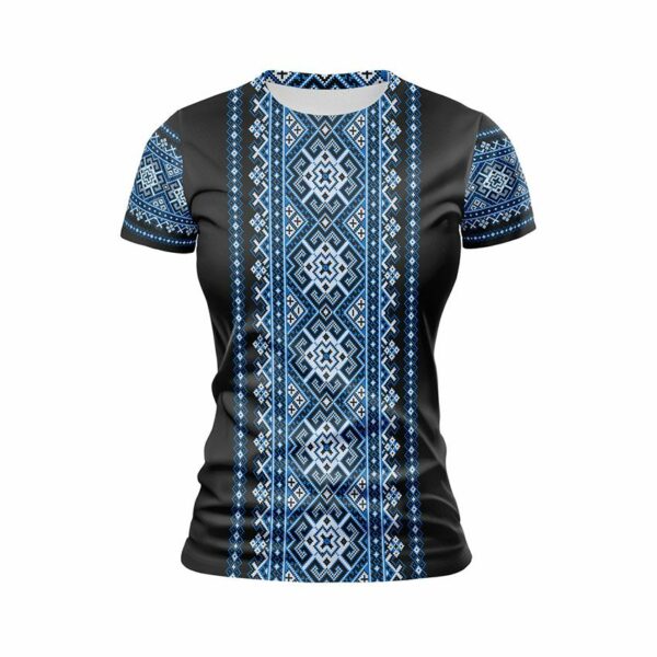 Футболка жіноча спортивна з принтом «Традиційна вишиванка. Чорна. Traditional embroidery. Black»