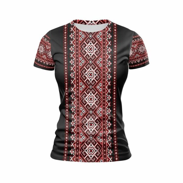 Футболка жіноча спортивна з принтом «Традиційна вишиванка. Чорна. Traditional embroidery. Black»
