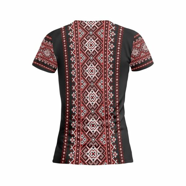 Футболка жіноча спортивна з принтом «Традиційна вишиванка. Чорна. Traditional embroidery. Black»