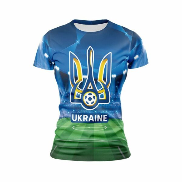 Футболка жіноча спортивна з принтом «Збірна України з футболу. Нічний стадіон. Ukraine national football team. Night Stadium»