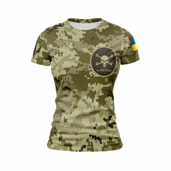 Футболка жіноча спортивна з принтом «Батальйон «Flying Skull». Камуфляж. Camouflage»