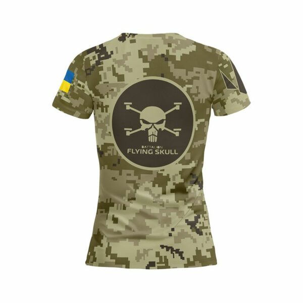 Футболка жіноча спортивна з принтом «Батальйон «Flying Skull». Камуфляж. Camouflage»