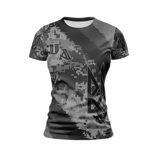 Футболка жіноча спортивна з принтом «Камуфляж волі. Сірий. Camouflage of Freedom. Gray»