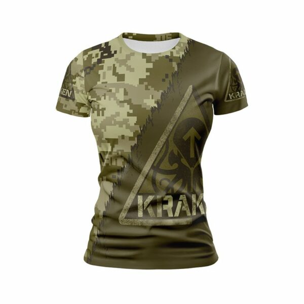 Футболка жіноча спортивна з принтом «Спецпідрозділ Kraken. Камуфляж. Kraken Regiment. Camouflage»