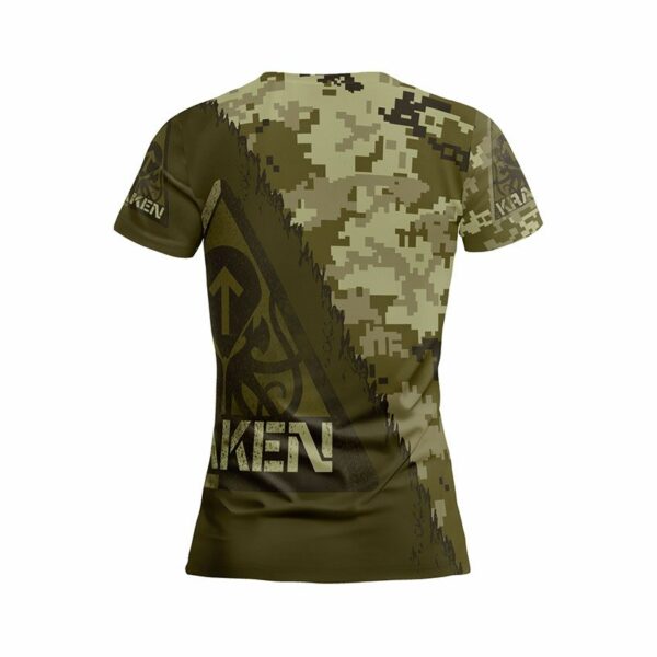 Футболка жіноча спортивна з принтом «Спецпідрозділ Kraken. Камуфляж. Kraken Regiment. Camouflage»