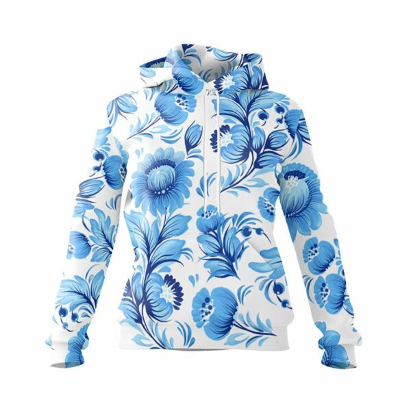 Худі жіноче з принтом «Сині квіти. Периківський розпис. Blue flowers. Petrykivka painting»