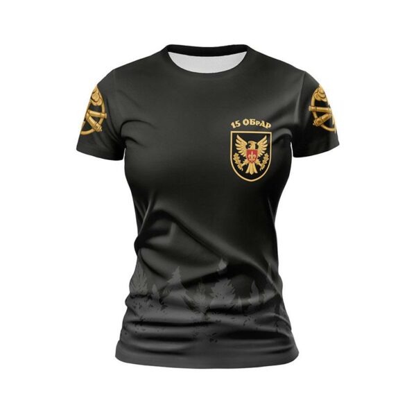 Футболка жіноча спортивна з принтом «15-та окрема бригада артилерійської розвідки. Сила розвідки. Power of Recon»