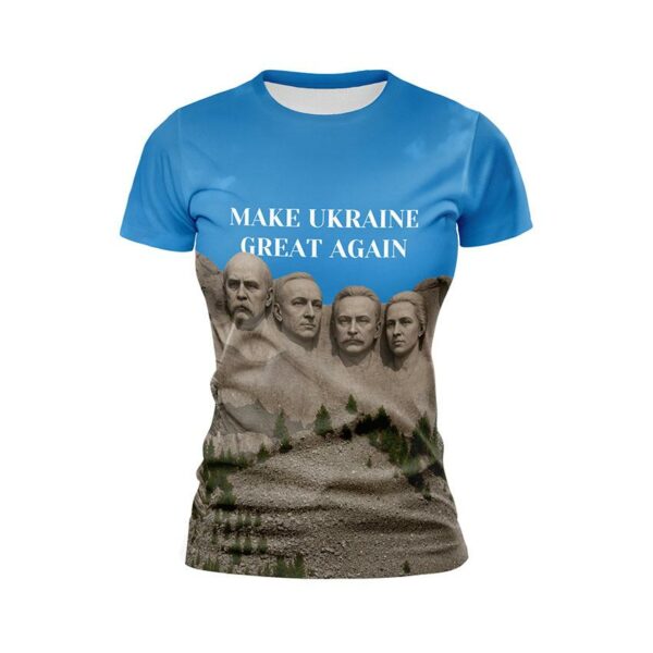 Футболка жіноча спортивна з принтом «Герої Нації. Рашмор. Heroes of the Nation. Rushmore. Make Ukraine Great Again»