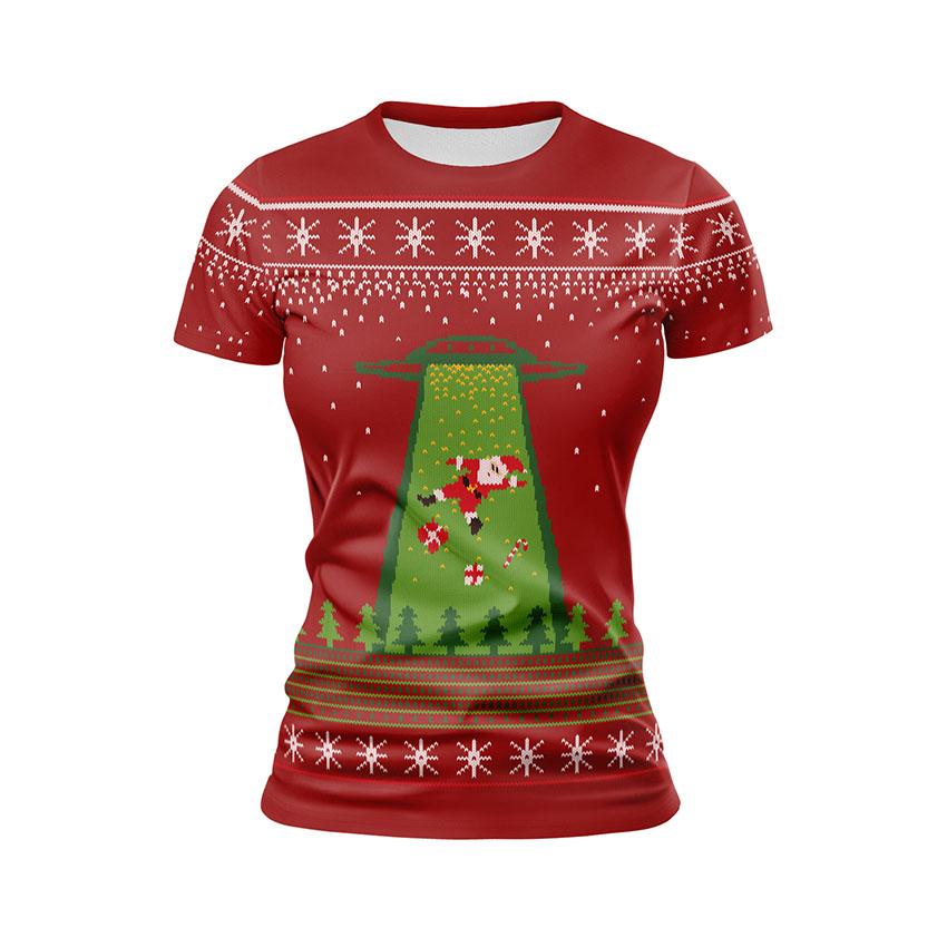 Футболка женская спортивная с принтом «Рождественское приключение. Санта и пришельцы. Christmas Adventure. Santa and Aliens»