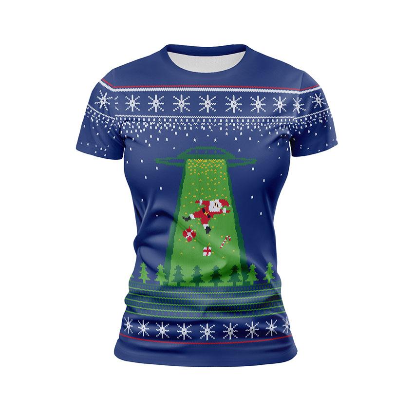 Футболка женская спортивная с принтом «Рождественское приключение. Санта и пришельцы. Christmas Adventure. Santa and Aliens»