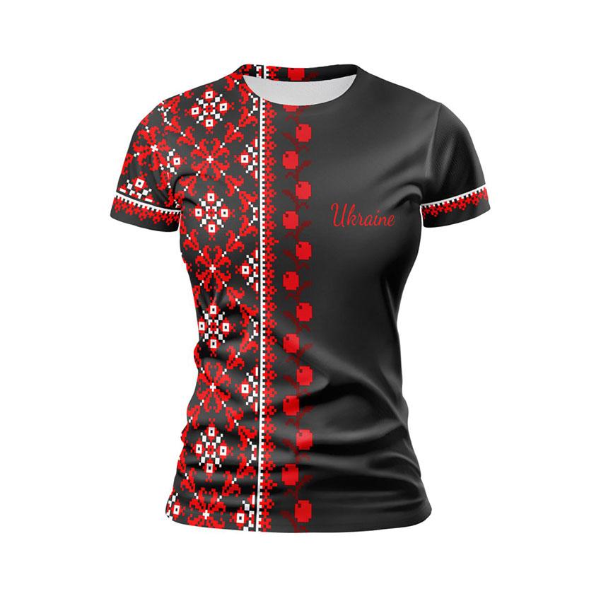 Футболка женская спортивная с принтом «Украинская культура. Вышиванка. Черная. Ukrainian culture. Embroidery. Black»