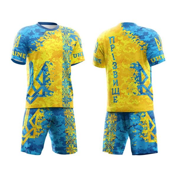 Футбольная форма мужская с именем и логотипом команды с принтом «Украина. Ukraine. Пиксель. Желто-голубой»