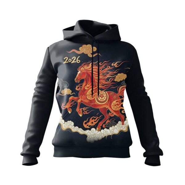 Худі жіноче з принтом «Кінь Удачі. Символ 2026 року. Luck Horse. Symbol of 2026»