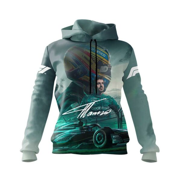 Худи женское с принтом «Фернандо Алонсо. Астон Мартин. Формула-1. Fernando Alonso. Aston Martin. Formula-1»