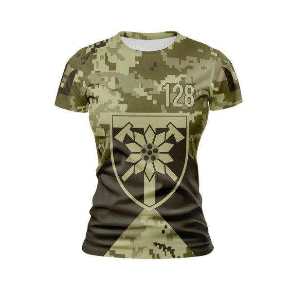 Футболка жіноча спортивна з принтом «128-ма окрема гірсько-штурмова бригада. Камуфляж. Camouflage»