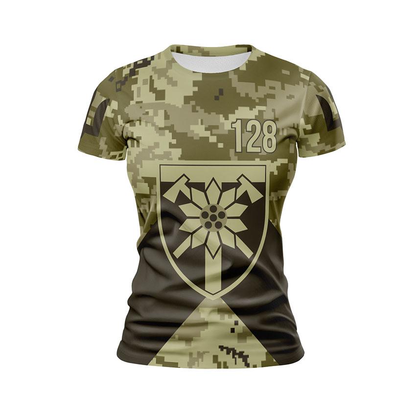 Футболка жіноча спортивна з принтом «128-ма окрема гірсько-штурмова бригада. Камуфляж. Camouflage»