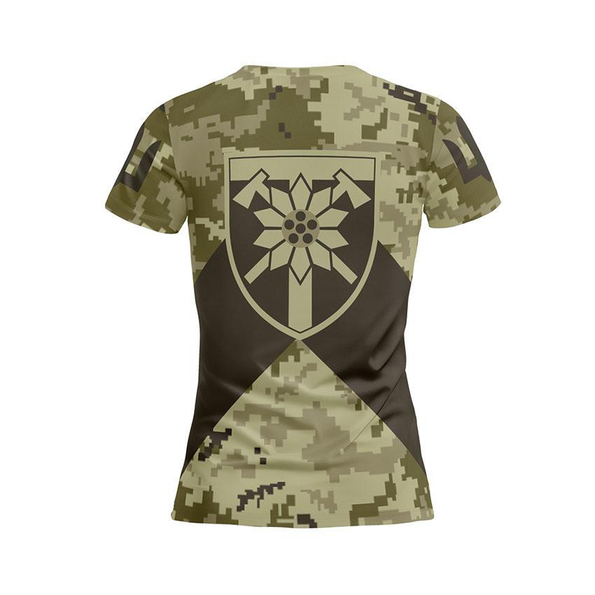 Футболка жіноча спортивна з принтом «128-ма окрема гірсько-штурмова бригада. Камуфляж. Camouflage»