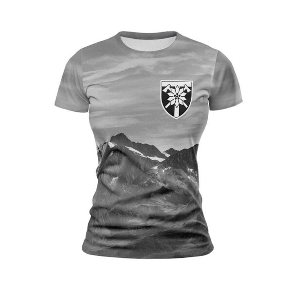 Футболка жіноча спортивна з принтом «128-ма окрема гірсько-штурмова бригада. Незламність. Indestructibility»