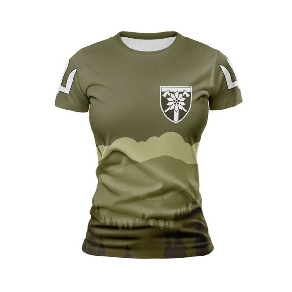 Футболка жіноча спортивна з принтом «128-ма окрема гірсько-штурмова бригада. Символ Сили. Symbol of Power»