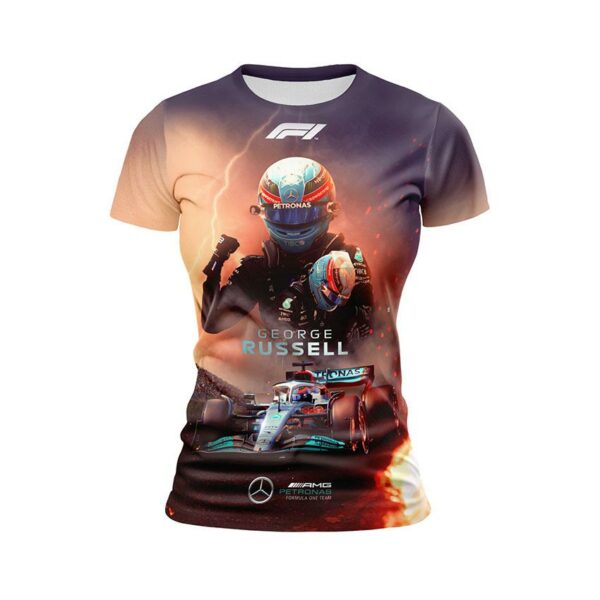 Футболка жіноча спортивна з принтом «Джордж Расселл. Переможний дух. Формула-1. George Russell. Victory Spirit. Formula-1»