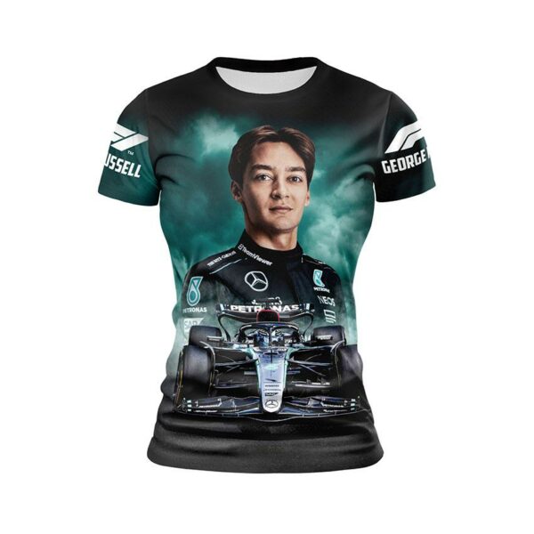 Футболка жіноча спортивна з принтом «Джордж Расселл. Зірка команди Мерседес. Формула-1. George Russell. Mercedes Team Star. Formula-1»