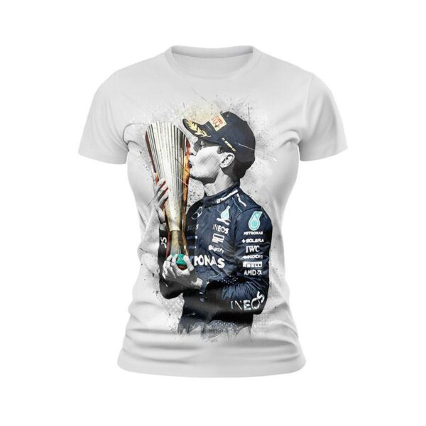 Футболка жіноча спортивна з принтом «Джордж Расселл. Золотий кубок. Формула-1. George Russell. Golden Cup. Formula-1»