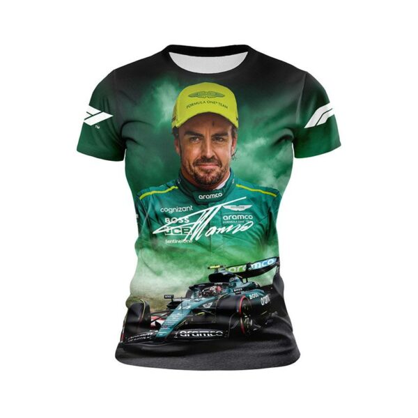 Футболка жіноча спортивна з принтом «Фернандо Алонсо. Гонщик. Формула-1. Fernando Alonso. Driver. Formula-1»