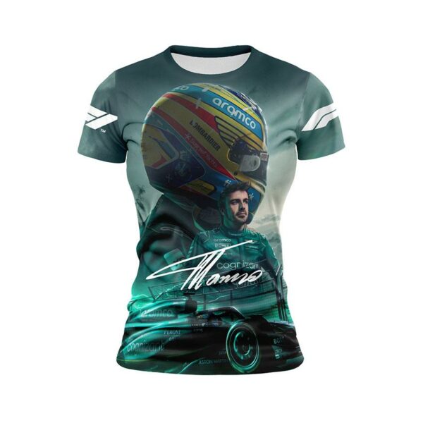 Футболка женская спортивная с принтом «Фернандо Алонсо. Скорость Астон Мартин. Формула-1. Fernando Alonso. Aston Martin Speed. Formula-1»