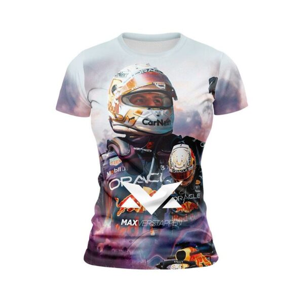 Футболка женская спортивная с принтом «Макс Ферстаппен. Пилот Формулы-1. Max Verstappen. Formula-1 Driver»