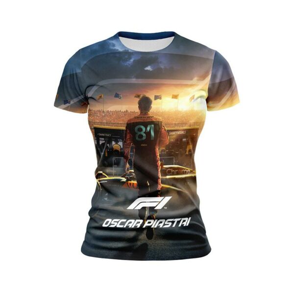 Футболка женская спортивная с принтом «Оскар Пиастри. Путь к победе. Формула-1. Oscar Piastri. The path to victory. Formula-1»