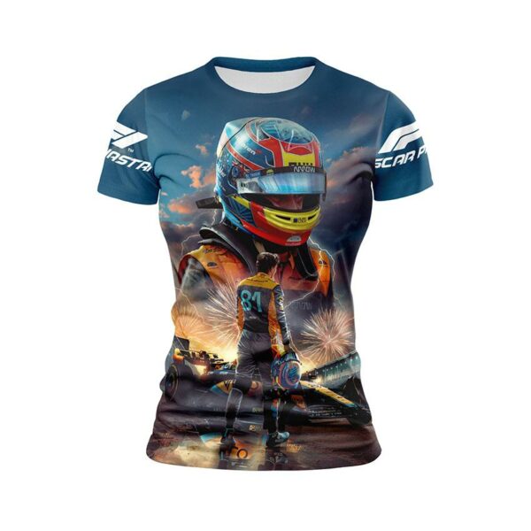 Футболка женская спортивная с принтом «Оскар Пиастри. Триумф номера 81. Формула-1. Oscar Jack Piastri. Triumph of number 81. Formula-1»