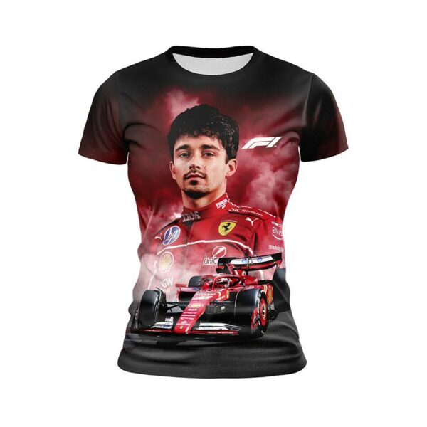 Футболка женская спортивная с принтом «Шарль Леклер. Гоночный Драйв. Формула-1. Charles Leclerc. Racing Drive. Formula-1»