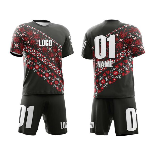 Футбольна форма чоловіча з іменем та логотипом команди з принтом «Вишиванка з гербом України. Червоно-чорна. Embroidered shirt with the coat of arms of Ukraine. Red and black»