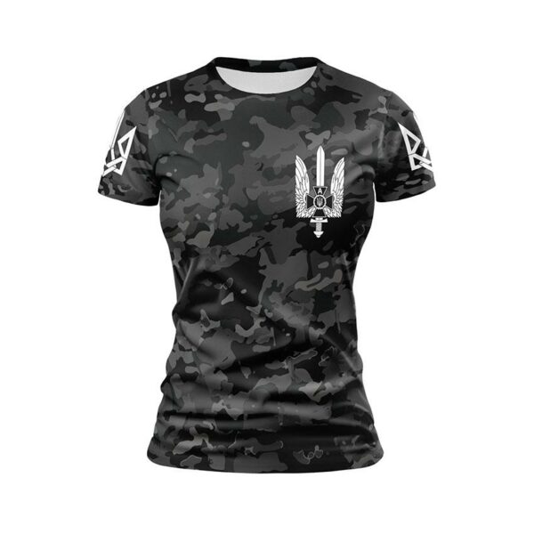 Футболка женская спортивная с принтом «Альфа. Спецподразделение СБУ. Черный Камуфляж. Black Camo»