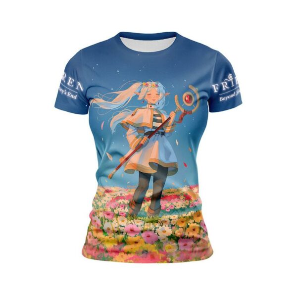 Футболка женская спортивная с принтом «Фрирен, провожающая в последний путь. Фрирен в цветах. Frieren. Beyond Journey's End. Frieren Among Flowers»