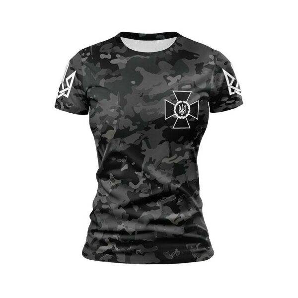 Футболка женская спортивная с принтом «Служба безопасности Украины. Черный Камуфляж. Black Camo»
