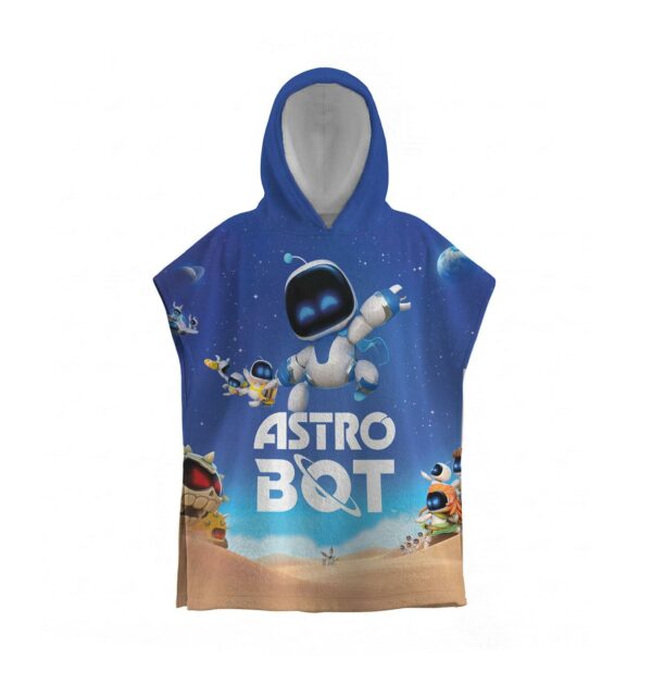 Дитячий пляжний рушник-пончо з принтом «Астро робот. Космічна пригода. Astro Bot. Space Adventure» з капюшоном, махра